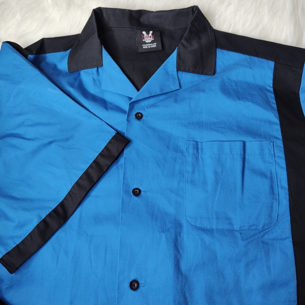 Hilton Bowling Shirt Mens XL Blue Black Retro Color Block Short Sleeve Button Up